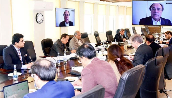 Federal Minister for Finance and Revenue Senator Muhammad Aurangzeb virtually chairing a meeting of the Cabinet Committee on State-Owned Enterprises (CCoSOEs) at the Finance Division, Islamabad on February 11, 2025.— PID