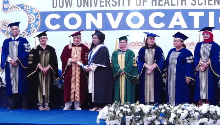 Vice Chancellor Prof Dr Nazli Hossain awards a degree to a student at the Dow University of Health Sciences 15th convocation at the Ojha Campus cricket ground on December 17, 2025. — Screengrab via Facebook@Dow.University