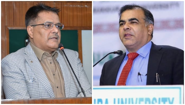 This collage shows the vice chancellor of the Sindh Agriculture University, Altaf Sial (left), and the vice chancellor of the Shaikh Ayaz University, Shikarpur, Dr Naveed Sheikh. — Facebook@siyal1990/@taj.rind/File
