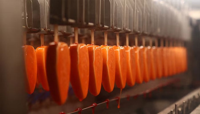 Solero ice creams on the production line at Unilever Walls ice cream factory in Gloucester, Britain, November 21, 2025.—Reuters