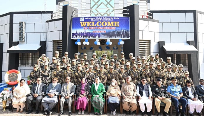 First Lady, Aseefa Bhutto, in a group photo with students and teachers at the 5th Passing Out Parade and Annual Parents’ Day at BCCG on December 19, 2025. —  Facebook@Bilawalhouse