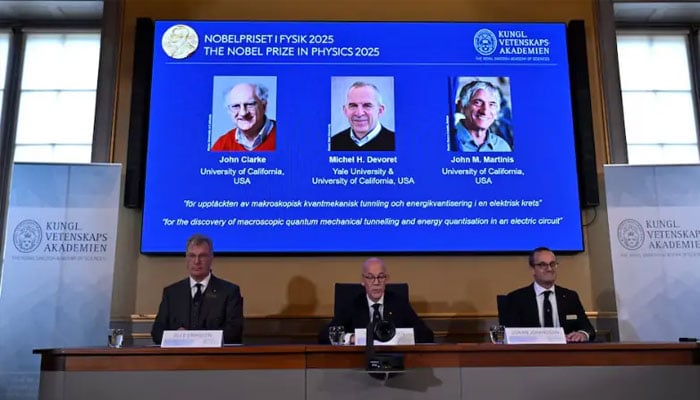 John Clarke, Michel H Devoret and John M. Martinis are announced this year’s Nobel Prize winners in Physics, by the Royal Swedish Academy of Sciences at a press conference in Stockhom, Sweden, October 7, 2025. — Reuters