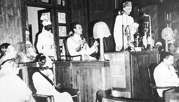 Founder of Pakistan, Quaid-e-Azam Muhammad Ali Jinnah, delivering his famous presidential address to the Constituent Assembly of Pakistan on August 11, 1947. — The News/File