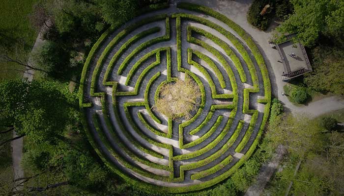 This representational image shows aerial view of a circular hedge maze surrounded by greenery. — Unsplash