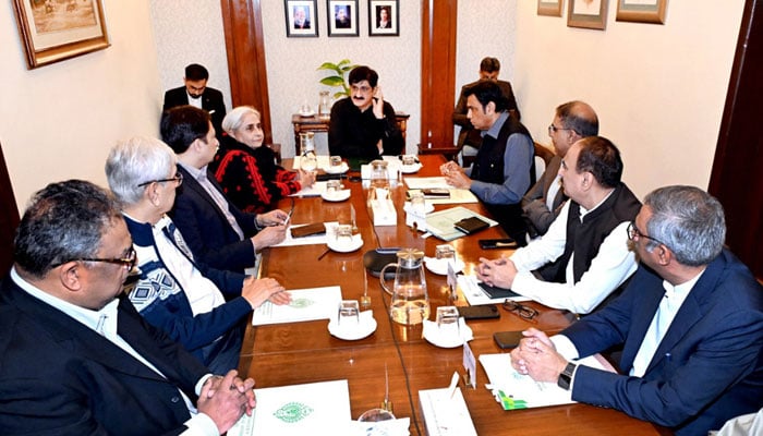 Sindh Chief Minister Syed Murad Ali Shah presides over a meeting regarding a new 600-bed Larkano hospital at CM House on December 26, 2025. — APP