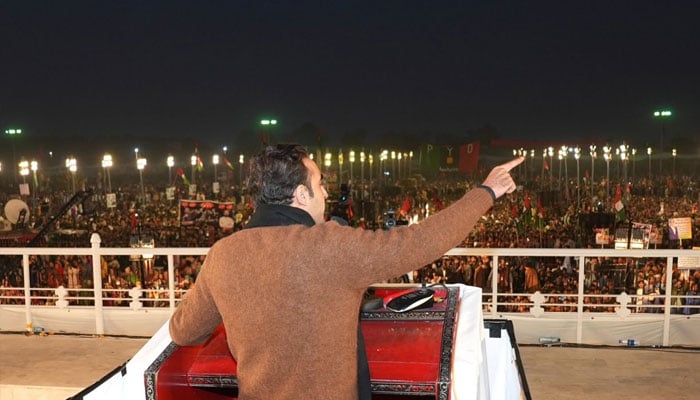 Pakistan Peoples Party (PPP) Chairman Bilawal Bhutto-Zardari addressing a public gathering held to mark the 18th death anniversary of slain former prime minister Benazir Bhutto, December 27, 2025. —Facebook@Bilawalhouse