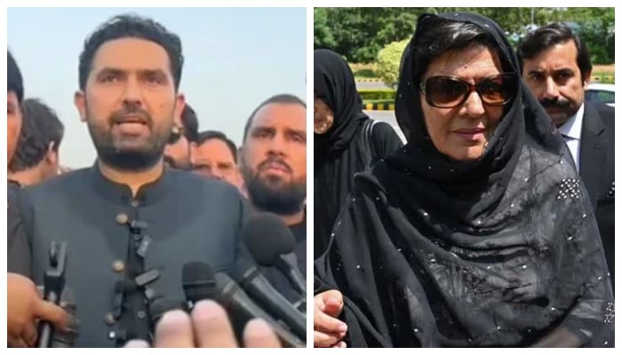 KP Chief Minister Sohail Afridi and PTI founder Imran Khans sister Aleema Khan. — Facebook@ImMuhammadSohailAfridi/Screengrab/AFP/File