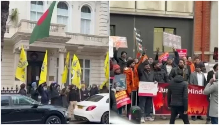 Sikh activist and Hindu groups protest outside Bangladesh Embassy in London, UK on December 28, 2025. — Geo News
