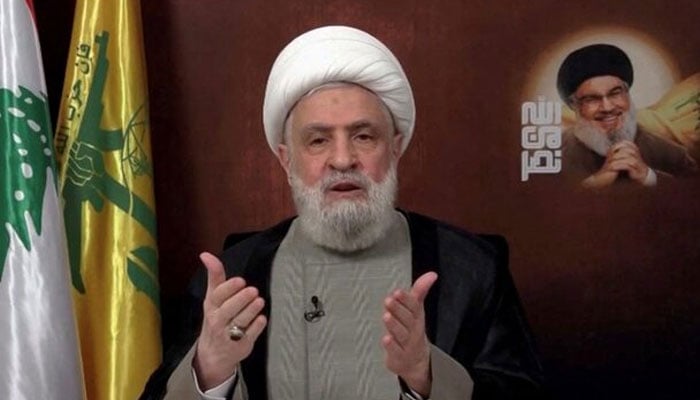 Lebanons Hezbollah leader Sheikh Naim Qassem delivers an address from an unknown location, November 29, 2024, in this still image from video.—Reuters