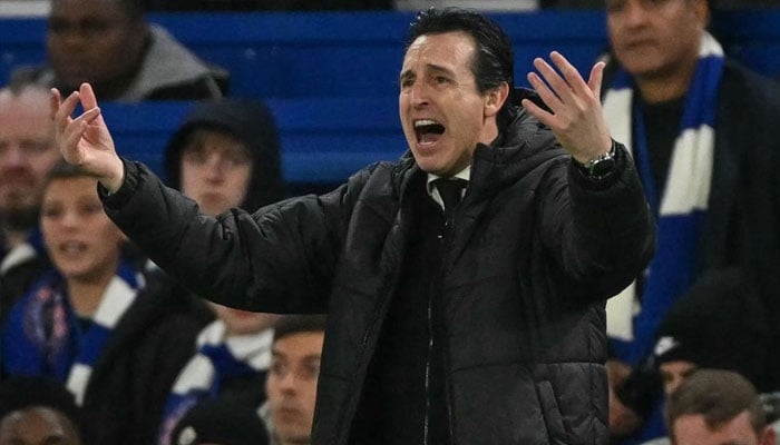 Aston Villa head coach Unai Emery reacts to his teams equalizer during the English Premier League match between Chelsea FC and Aston Villa, in London, Britain, 27 December 2025. —AFP