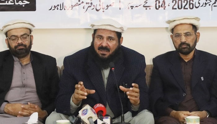 Jamaat-i-Islami Punjab Ameer M Javed Kasuri (centre) addresses a press conference at Mansoorah, Lahore, Addressing a press conference at Mansoorah, Lahore, on January 1, 2026. — Facebook@JI4Punjab