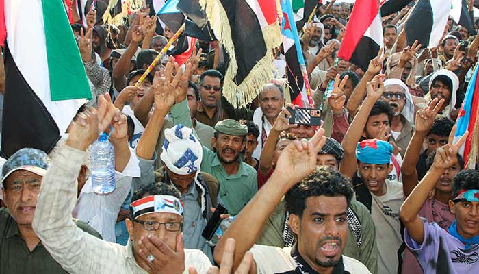 Supporters of the UAE-backed separatist Southern Transitional Council (STC) wave flags of the STC and the United Arab Emirates, during a rally in Aden, Yemen, January 1, 2026. — Reuters