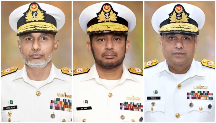 (From left to right) This collage shows undated photos of Vice Admirals Abdul Munib, Syed Ahmed Salman, and Faisal Amin of Pakistan Navy. — Facebook/@PakistanNavy