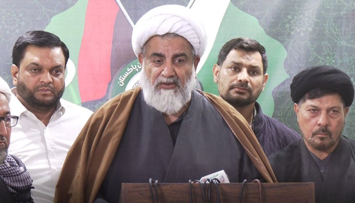 MWM Chairman and Leader of the Opposition in the Senate, Allama Raja Nasir Abbas, addresses a press conference at the party’s provincial office in Karachi on January 5, 2025. — Facebook@allamarajanasirmwm