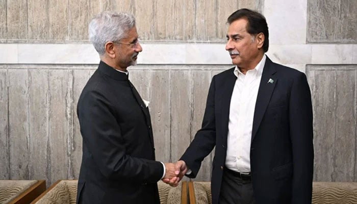 NA Speaker Ayaz Sadiq (right) shakes hands with Indian External Affairs Minister Dr S Jaishankar in Dhaka on December 31, 2025. — X/@ChiefAdviserGoB