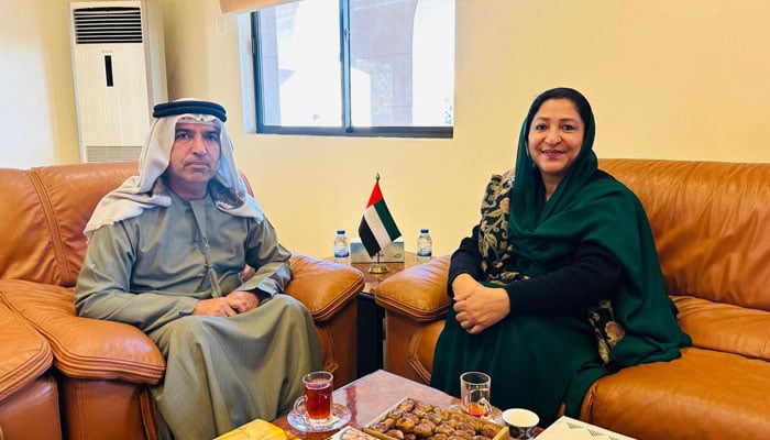 Minister of State for Federal Education and Professional Training, Wajiha Qamar (right), poses for a  photo with the Ambassador of the United Arab Emirates to Pakistan, Salem Al Zaabi, after a meeting at the UAE Embassy in Islamabad on January 7, 2025. — Facebook@MohtarmaWajihaQamar