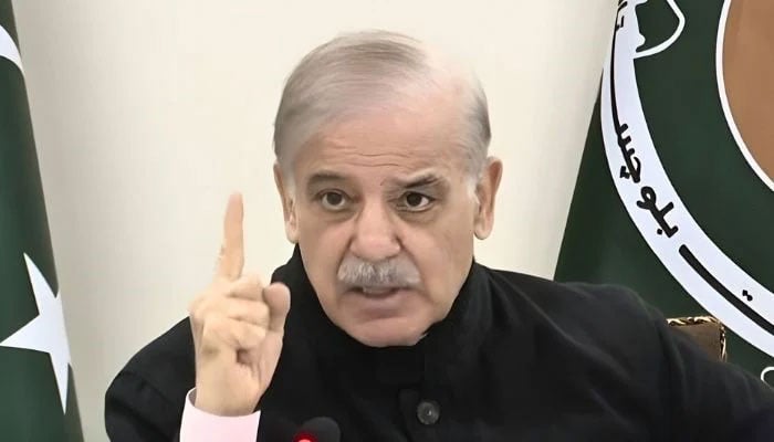 Prime Minister Shehbaz Sharif is addressing the political leadership in Quetta on January 8, 2025.— YouTube/Geo News/screengrab