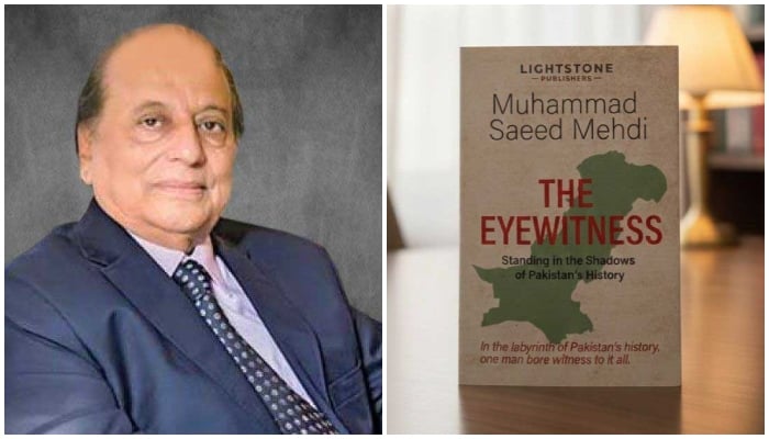 This collage shows former principal secretary to the prime minister and Sindh chief secretary Muhammad Saeed Mehdi and cover of his memoir titled The Eyewitness, Standing in the Shadows of Pakistan’s History. — Cadel College Hasanabdal/Facebook/@fazleebooks/File