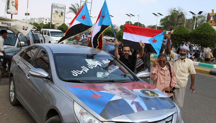 Supporters of the UAE-backed separatist group, Southern Transitional Council, wave flags in Aden, Yemen January 10, 2026.—Reuters