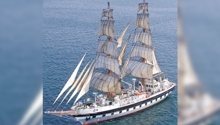 This image shows  PNS RAH NAWARD (Sail Ship) image released on January 11, 2025. — Screengrab via Facebook@DgprNavy