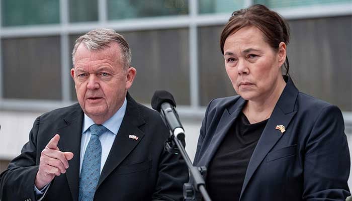Danish Foreign Minister Lars Lokke Rasmussen (left) and Greenlandic Foreign Minister Vivian Motzfeldt speak to the media at the Danish Embassy on January 14, 2026 in Washington, DC. — AFP