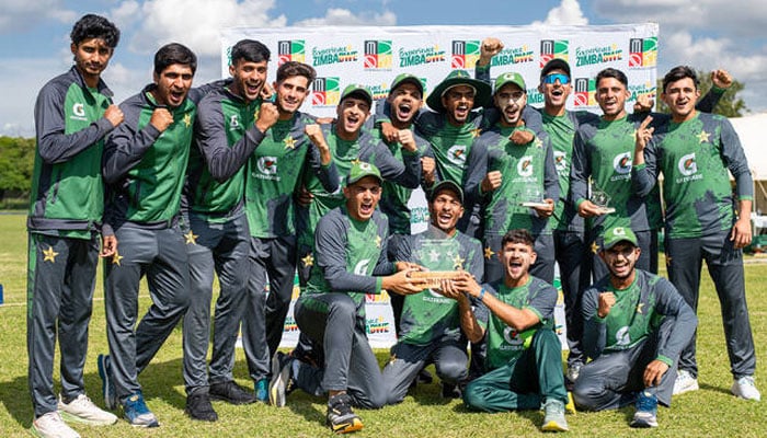 Pakistan U-19 cricketers celebrate after winning the final of the U19 tri-series against Zimbabwe at the Old Hararians in Harare on January 6, 2026. —X/PCB