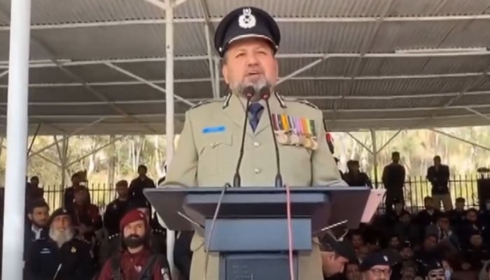 Khyber Pakhtunkhwa Inspector General of Police Zulfiqar Hameed speaks at the annual passing-out parade at the Police Training College, Hangu on January 15, 2026. — Screengrab via Facebook@pakhtunkhwapolice