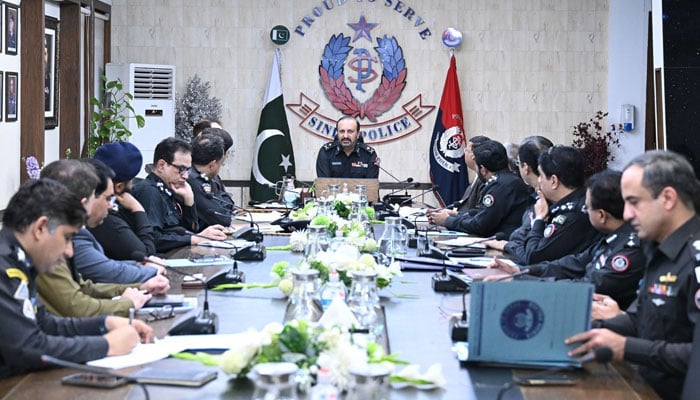 Sindh police chief Javed Alam Odho chairs a high-level review meeting at the Central Police Office on January 16, 2026. — Facebook@sindhpolicedmc