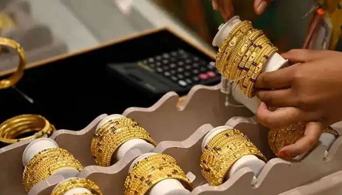 An undated image of gold jewelry displayed at a store. — AFP/File