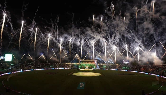 A dazzling display of fireworks lights up the night sky during the spectacular opening ceremony of Pakistan Super League 10th edition at Rawalpindi Cricket Stadium, April 11, 2025. — Facebook/thePSL