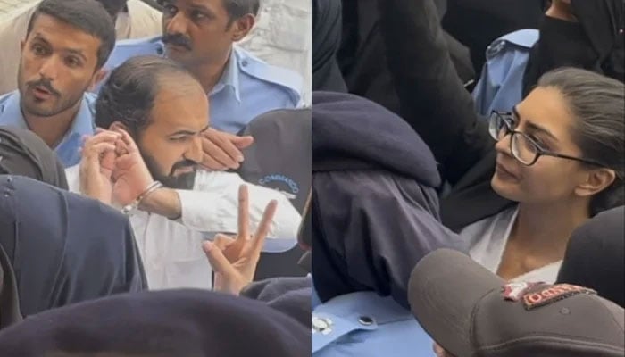 A collage of Pakistani lawyer and activist Imaan Mazari and her husband Advocate Hadi Ali Chatha seen encircled by the police personnel outside a local court in Islamabad. — X@Matiullahjan919