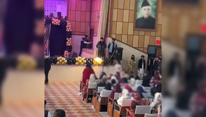 This screengrab shows a reception party at a constituent institute of the University of Peshawar on January 18, 2026. — Screengrab via Facebook@Hameedullah49