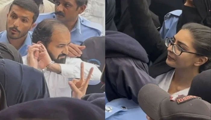 A collage of Pakistani lawyer and activist Imaan Mazari and her husband Advocate Hadi Ali Chatha seen encircled by the police personnel outside a local court in Islamabad. — X@Matiullahjan919
