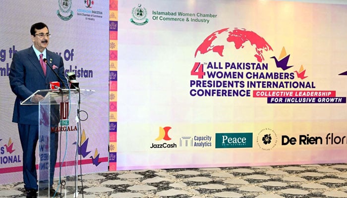 Chairman of the Senate, Syed Yousaf Raza Gilani, addresses as the chief guest during the 4th All Pakistan Women Chambers Presidents International Conference and Gala Dinner in Islamabad on January 20, 2026. — PPI