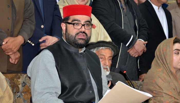 Awami National Party (ANP) president Senator Aimal Wali Khan speaks during a press conference on February 11, 2024. — Facebook@Aimal Wali Kha