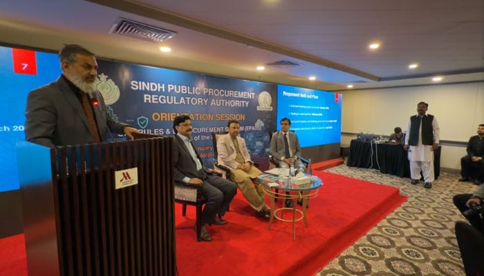 Ziaul Hasan Lanjar, Sindh minister for home, law, parliamentary affairs and prosecution departments and SPPRA Board chairman, attends an orientation session on the Sindh Public Procurement Rules, 2010 and EPADS at the Marriott Hotel on January 21, 2026. — Screengrab via Facebook@PPRASindh