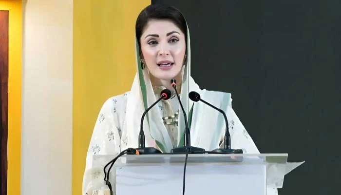 Punjab Chief Minister Maryam Nawaz addresses the ceremony for Apni Chhat Apna Ghar scheme on August 6, 2025. — Screengrab via Geo News