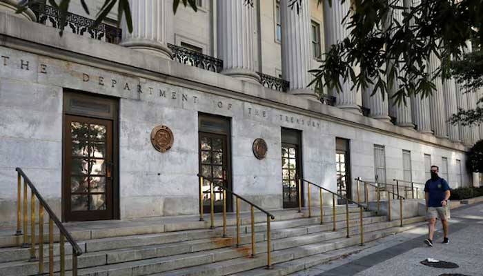 Signage is seen at the United States Department of the Treasury headquarters in Washington, DC, US, August 29, 2020. — Reuters