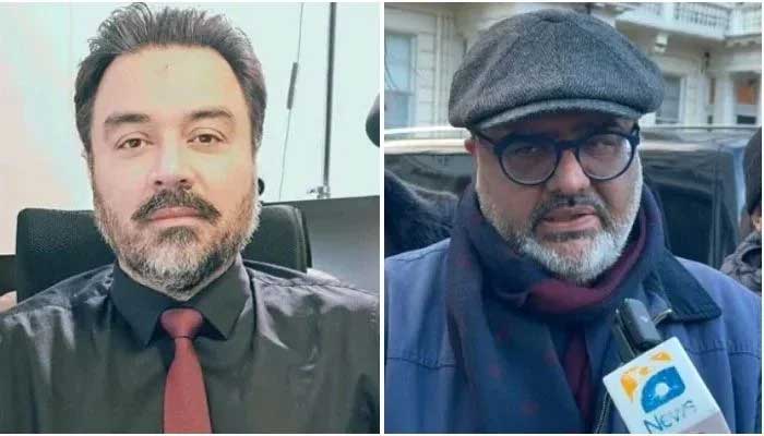 A collage showing former adviser to PM Shahzad Akbar (left) and Major (retired) Adil Raja. — Geo News/Murtaza Ali Shah