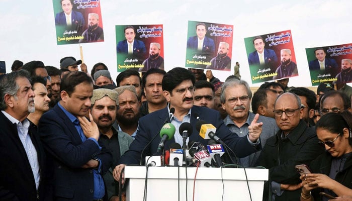 Sindh Chief Minister, Syed Murad Ali Shah, speaks to the media during the inauguration ceremony of the newly constructed the Korangi Causeway Bridge, in Karachi on January 26, 2026. — PPI