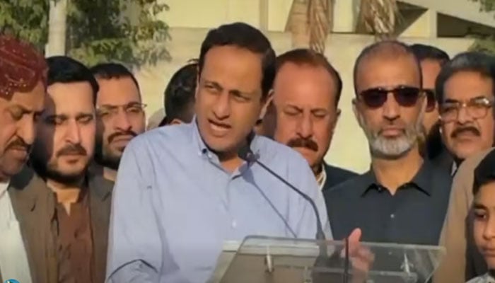 Karachi Mayor Barrister Murtaza Wahab addresses the inauguration ceremony of a park in Karachi on January 29, 2026. — Screengrab via Facebook@barristermurtazawahabofficial