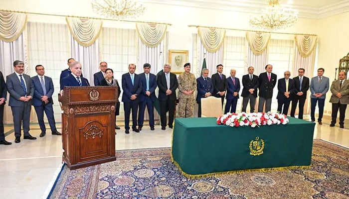 Prime Minister Shehbaz Sharif addresses a ceremony in Islamabad on January 29, 2026, where documents pertaining to the transaction of Pakistan International Airlines’ acquisition were signed. — X/@PTVNewsOfficial