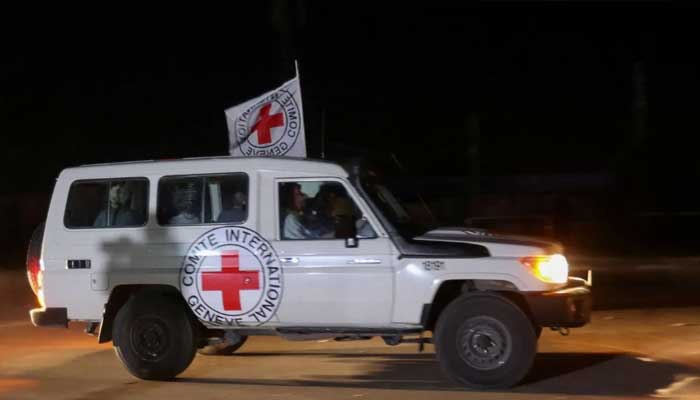 A Red Cross vehicle arrives at the Rafah border, amid a captives swap deal between Hamas and Israel in the southern Gaza Strip, Nov. 24, 2023. — Reuters