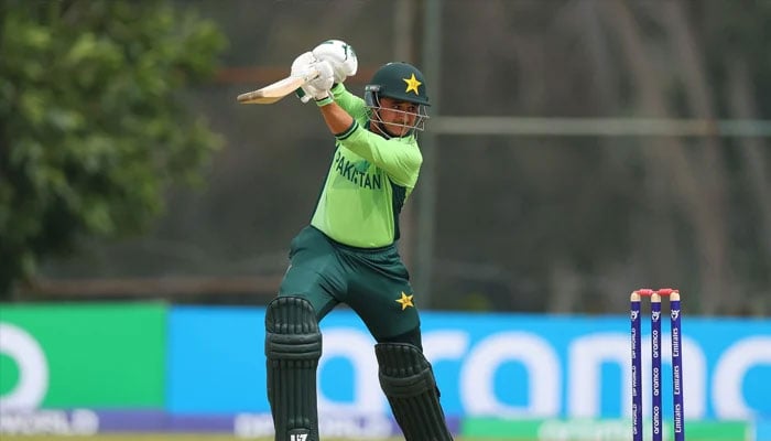 Pakistan batter Usman Khan bats during the ICC U19 Mens Cricket World Cup 2026 match between Pakistan and Scotland at Takashinga Sports Club on January 19, 2026 in Harare, Zimbabwe. — ICC