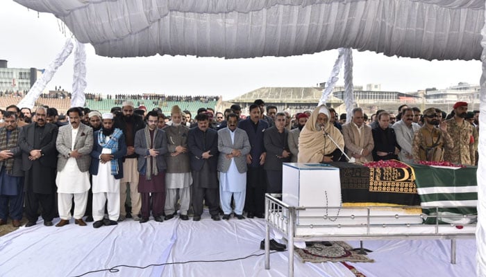 Funeral prayers of the  Azad Jammu & Kashmir (AJK) President, Barrister Sultan Mahmood Chaudhry, at Quaid-e-Azam Cricket Stadium on February 1, 2026. — Facebook@Barrister.Sultan.Official