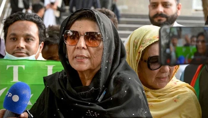 Aleema Khan, sister of former PM Imran Khan, speaks to media outside the IHC in Islamabad on June 3, 2024. — AFP