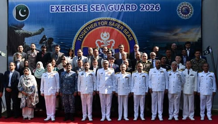 Officials from the Pakistan and stakeholders after opening brief of Exercise Sea Gard 2026 on February 2, 2026. — Facebook@DgprNavy
