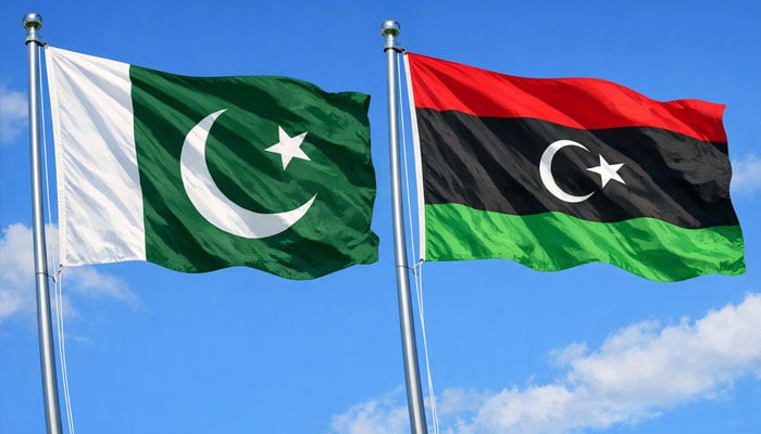Representational image created with AI, February 4, 2026, shows flags of Pakistan and Libya floating in the air. —Open AI