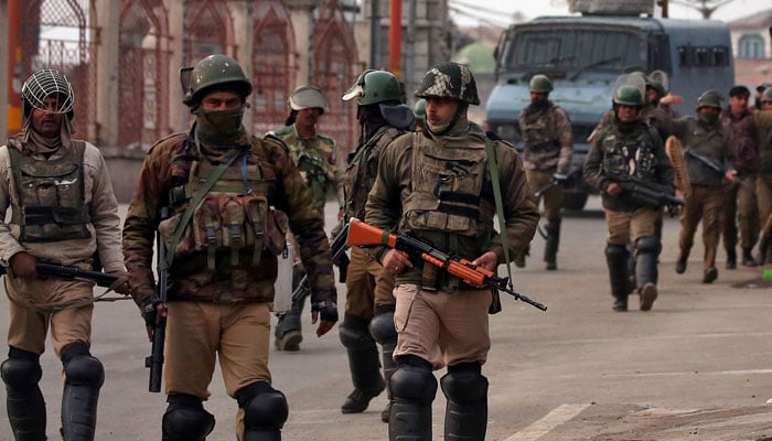 Indian Central Reserve Police Force (CRPF) personnel patrol a street in downtown Srinagar, Indian Illegally Occupied Jammu & Kashmir (IIOJK) on February 23, 2019. — Reuters