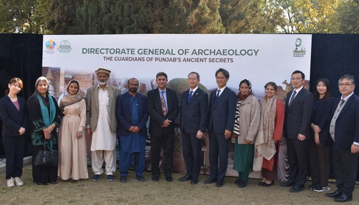 Japan’s Ambassador Akamatsu Shuichi (centre) in a group photo during the handing over of the exhibition and conservation equipment to the Taxila Museum on February 4, 2026. — Facebook@JapanEmbassyPakistan